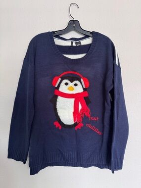 Women’s Navy Penguin Holiday Sweater with Red Accents